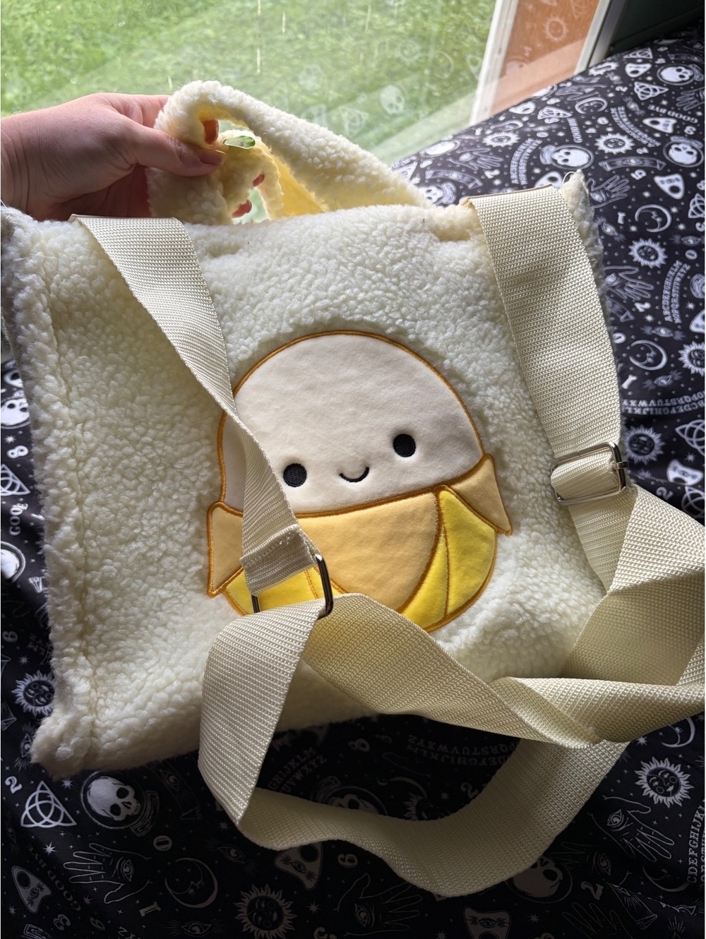 Squishmallow Sherpa fuzzy banana bag purse Junie